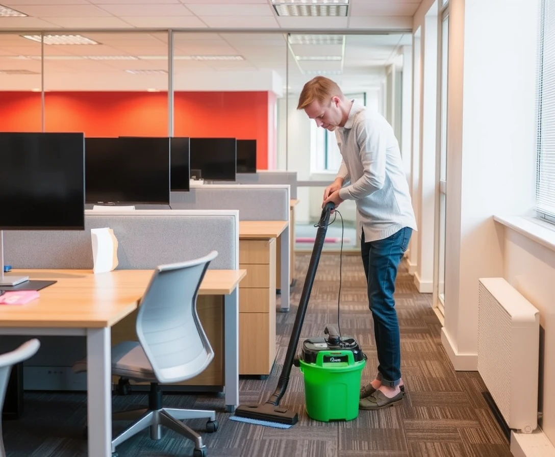 Osoba čisti kancelarijski prostor, koristi usisivač i briše radne površine
